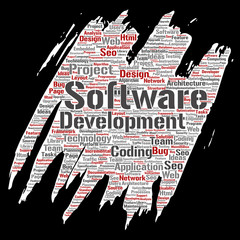 Vector conceptual software development project coding technology paint brush paper word cloud isolated background. Collage of application web design, seo ideas, implementation, testing upgrade concept