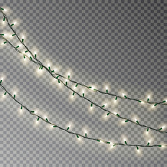 Christmas color lights string. Transparent effect decoration isolated on dark background. Realistic 