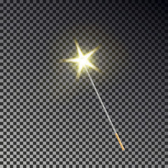 Magic wand vector. Transparent miracle stick with glow yellow light tail isolated on dark background