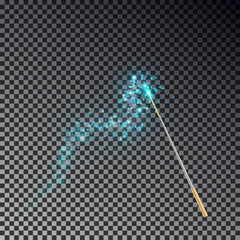 Magic wand vector. Transparent miracle stick with glow blue light tail isolated on dark background. 