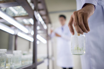 scientist holding the bottle of tissue in laboratory