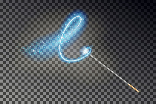 Magic wand vector. Transparent miracle stick with glow light tail isolated on dark background. 