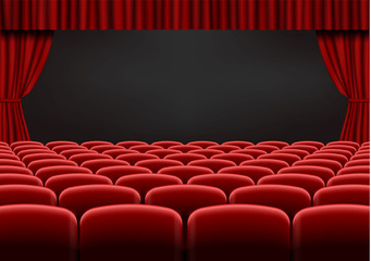Red open curtain with seats in theater. Velvet fabric cinema curtain vector. Opened curtains and sea - 224535962