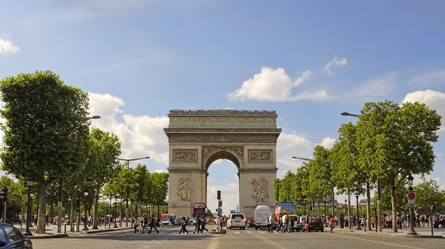 PARIS, FRANCE. France - famous Triumphal Arch located at the end of Champs-Elysees street. UNESCO World Heritage Site. PARIS, FRANCE