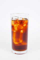 Drink cola with ice in glass on white background