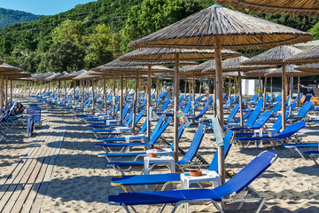 Fototapeta premium Olympiada, Greece - August 11, 2018: Proti Ammoudia beach, one of the most beautiful beaches in the Aegean Sea.