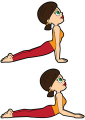 Yoga asana set upward-facing dog & cobra poses/ Illustration cartoon girl doing urdhva mukha svanasana and bhujangasana
