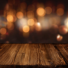 Celebratory bokeh background with wooden table