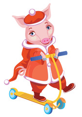 kind sweet santa claus in a red cap and red dress on the yellow scooter with blue wheels. Illustration of dressed funny piggy
