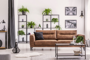 Table in front of brown leather couch in white apartment interior with posters and plants. Real...