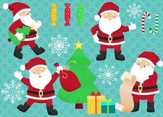 Chrismas set with Santa Clauses, candies, snowflakes, gift boxes and christmas tree.