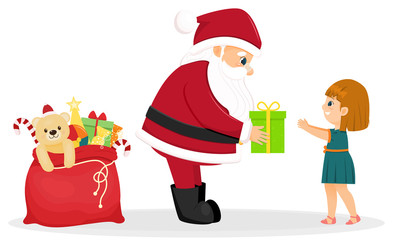 santa claus gives a gift to a girl. Red christmas bag with gifts. Cartoon style. Vector illustration