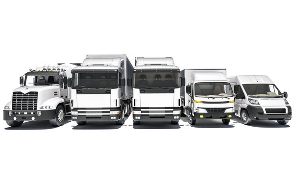 Front View of Various Commercial Land Vehicles 3d rendering