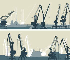 Vector big banners of port with cargo crane towers. © vertyr