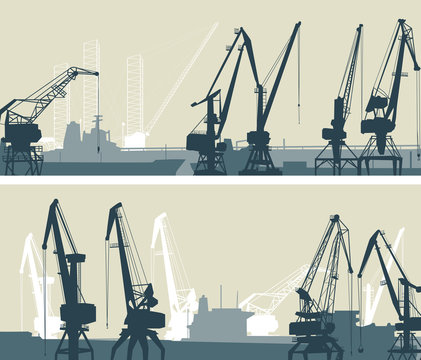 Vector Big Banners Of Port With Cargo Crane Towers.