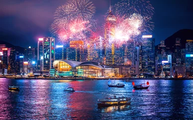 Photo sur Plexiglas Lieux asiatiques Feu d& 39 artifice dans le port Victoria de Hong Kong