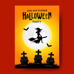 halloween party invitation with silhouette witch fly at the night at full moon with graveyard and bat at orange sky. poster label flyer template