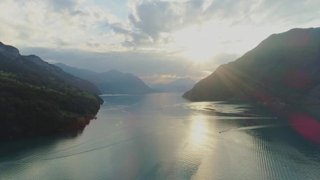 Swiss Sunset Brunnen blue mountain Lake europe nature drone flight