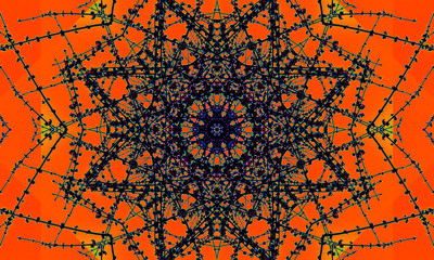Black star-shaped mandala pattern in front of a bright orange background.