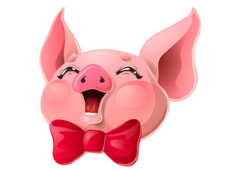 Joyful pink pig head and red bow on white