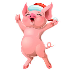 Joyful pink pig in cap on white