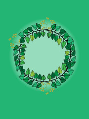Diseño de corona de hojas sobre fondo verde. Marco.