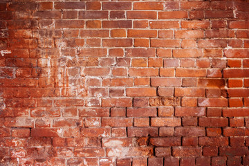 Background of very old red brick wall, close-up ancient texture