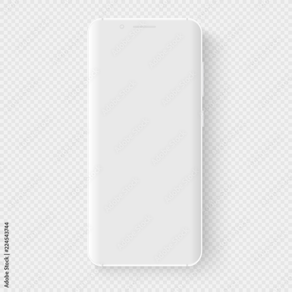 Poster Totally soft realistic white vector smartphone. 3d realistic phone template for inserting any UI interface test or business presentation. Floating soft mock up with a blank white display.