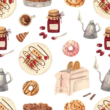 Seamless watercolor cozy pattern with sweets. Donuts, wafers, jam, toaster, kettle, pie, coffee