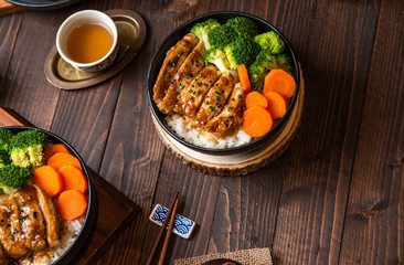 Teriyaki Chicken Rice Soft chicken Full bowl and dipping sauce Teriyaki Popular Japanese menu