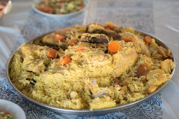 Maqluba traditional Arab food.The dish includes meat, rice, and