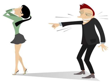 Laughing man and crying woman illustration. The man laughs and points a finger to crying woman who covers her face with hands isolated on white illustration
