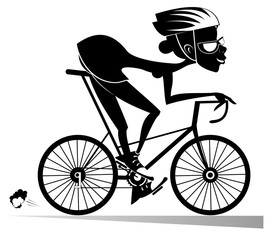 Obraz premium Cartoon woman rides a bike isolated illustration. Smiling woman in helmet rides a bike and looks healthy and happy black on white illustration 