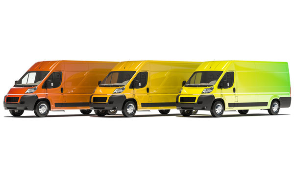Lined Up Delivery Vans with Color Gradient 3d rendering