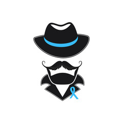 A man with a mustache in a hat and a blue ribbon on his collar. November hand drawn lettering. Prostate cancer Awareness Month .
