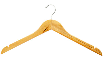 Wooden coat hanger isolated on a white background with a clip path cut out