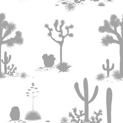 Desert seamless pattern with silhouettes of joshua trees, opuntia, and saguaro cacti. Cactus background.