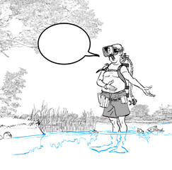 Diver man in mask singing. Cartoon vector illustration