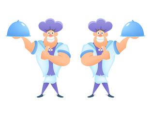 Vector Smiling Chef holding a dish in a restaurant and hand showing like isolated on white background