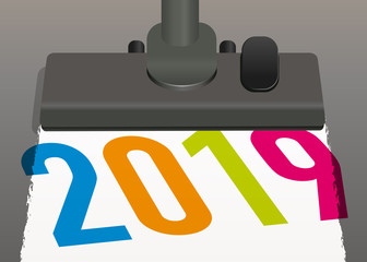 Carte de voeux 2019 avec un aspirateur qui fait apparaitre la nouvelle année en nettoyant le sol.