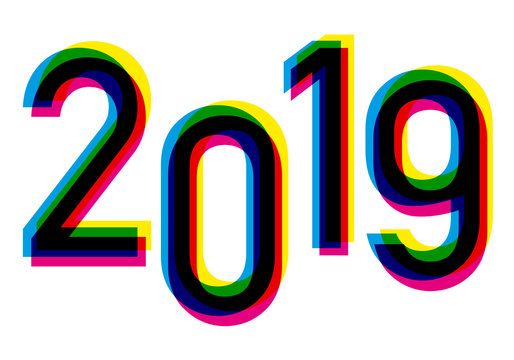Carte de vœux 2019 avec un graphique de chiffres décalés reprenant les couleurs de la quadrichromie
