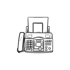 Fax machine with a sheet of paper hand drawn outline doodle icon. Business communication technology concept. Vector sketch illustration for print, web, mobile and infographics on white background.