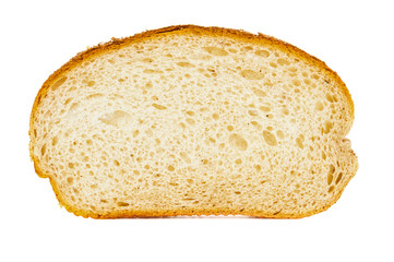 Slice of wheat bread close up on white background