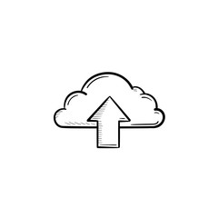 Cloud with arrow up hand drawn outline doodle icon. Cloud upload technology, cloud storage service concept. Vector sketch illustration for print, web, mobile and infographics on white background.