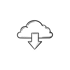 Cloud with arrow down hand drawn outline doodle icon. Download, cloud computing, database concept. Vector sketch illustration for print, web, mobile and infographics on white background.