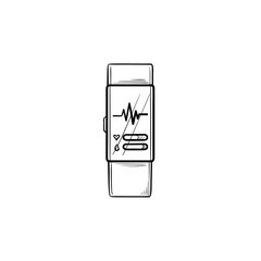 Smart watch with heart rate hand drawn outline doodle icon. Fitness tracker and health care, pulse concept. Vector sketch illustration for print, web, mobile and infographics on white background.