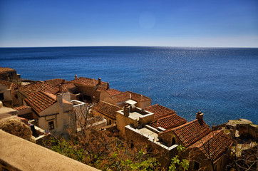 Monemvasia is located in Laconia, Peloponnese, Greece, on a small island