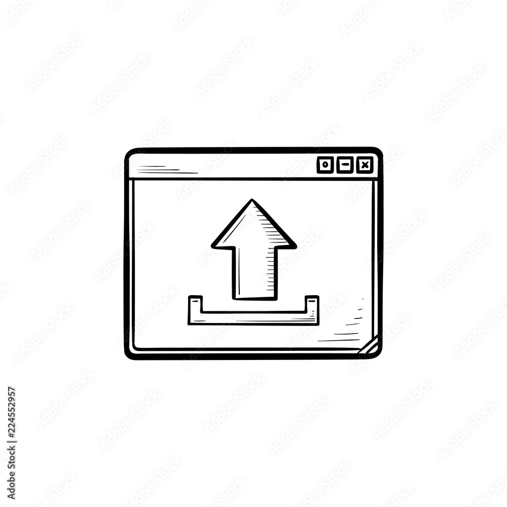Wall mural browser window with upload sign hand drawn outline doodle icon. file upload, website download concep