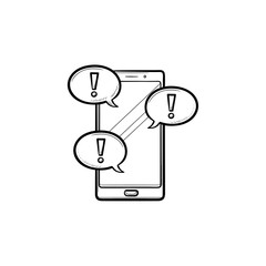 Mobile phone and text message with exclamation point hand drawn outline doodle icon. Social networking concept. Vector sketch illustration for print, web, mobile and infographics on white background.