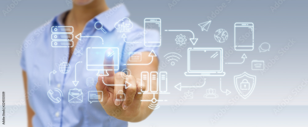 Poster businesswoman using tech devices and icons thin line interface